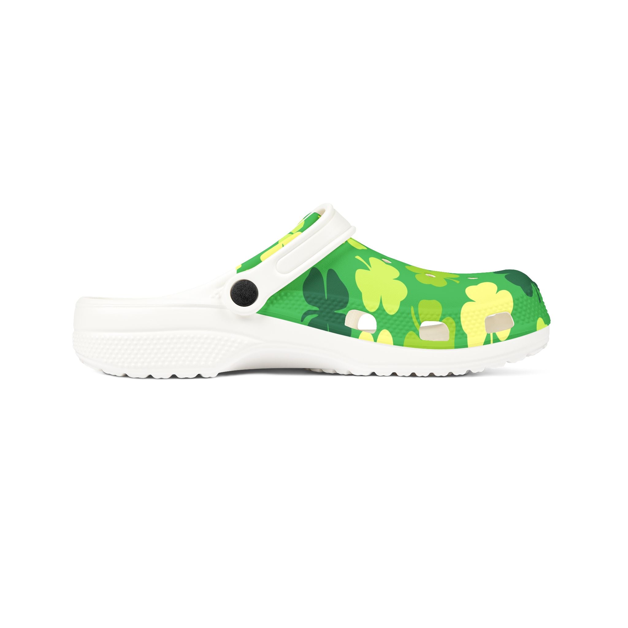 Green clog shoe with shamrock pattern on a white background