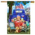 Decorative flag with a blue truck, American flags, and a picnic scene.