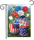 Decorative garden flag with American flag-themed flower pots and flowers on a white background.
