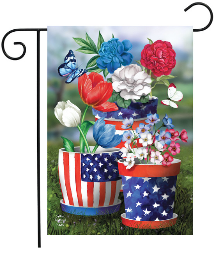 Decorative garden flag with American flag-themed flower pots and flowers on a white background.