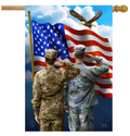 Two soldiers saluting an American flag with an eagle in the sky.
