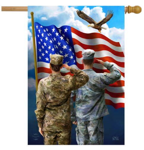 Two soldiers saluting an American flag with an eagle in the sky.