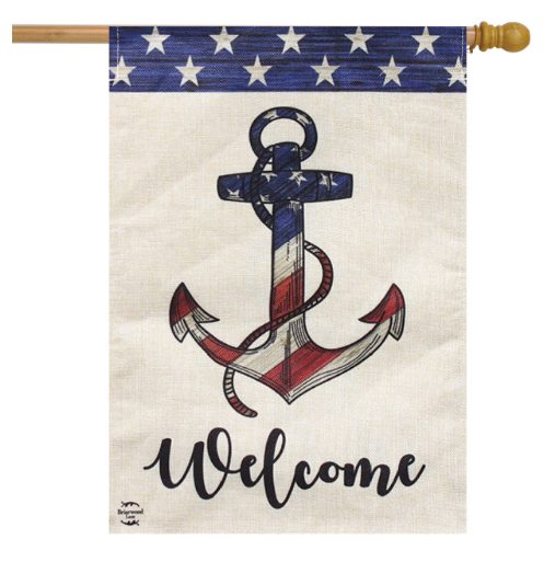 Decorative flag with an anchor design and 'Welcome' text, featuring American flag colors.