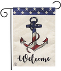 Decorative flag with a patriotic anchor and 'Welcome' text on a wooden background.