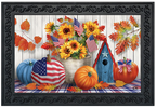Decorative mat with autumn-themed elements including pumpkins, sunflowers, and American flags on a wooden background.