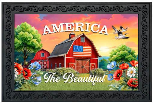 Decorative sign with a red barn, American flag, and 'America The Beautiful' text.
