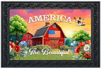Decorative sign with a red barn, American flag, and 'America The Beautiful' text.