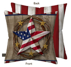 Pillow with American flag design on a wooden background