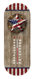 Wooden thermometer with American flag design on a white background
