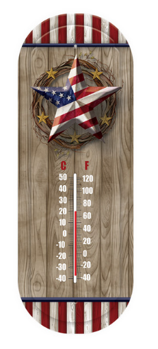 Wooden thermometer with American flag design on a white background