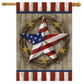 Decorative flag with American star and wooden wreath design on a white background