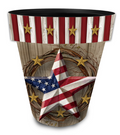 Decorative planter with American flag design, stars, and stripes on a wooden background.