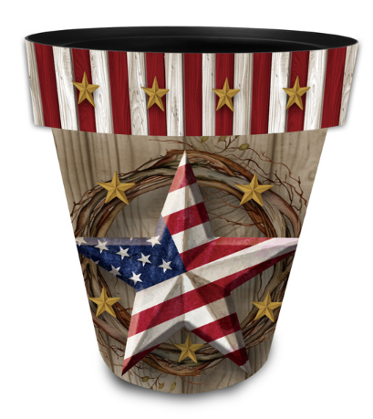Decorative planter with American flag design, stars, and stripes on a wooden background.