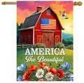 Decorative flag with a red barn, American flag, and flowers with 'America The Beautiful' text.
