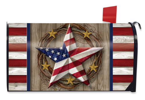 Mailbox cover with American flag and star design on a wooden background