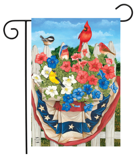 Decorative garden flag with birds, flowers, and an American flag design on a white background.