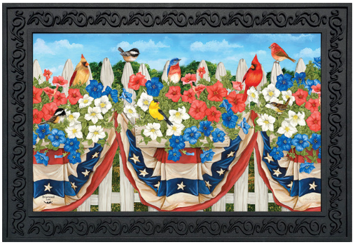 Decorative mat with patriotic design featuring flowers, birds, and American flags.