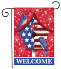 Decorative garden flag with patriotic design featuring birds and 'WELCOME' text on a red background.