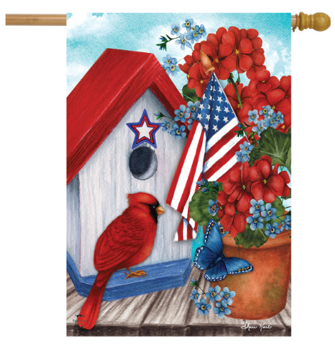 Decorative flag with a red cardinal, birdhouse, American flag, and flowers on a white background.