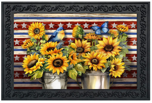 Decorative mat with sunflowers, birds, and an American flag design.