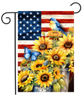 Decorative flag with American flag design, sunflowers, and butterflies.