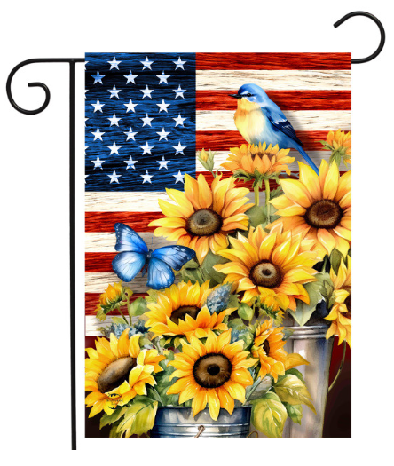 Decorative flag with American flag design, sunflowers, and butterflies.
