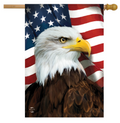 Flag with a bald eagle in front of an American flag
