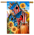 Decorative flag with birdhouses, birds, sunflowers, and pumpkins in a patriotic design.