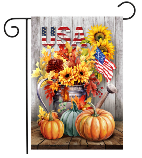 Decorative flag with pumpkins, sunflowers, and American flags on a wooden background