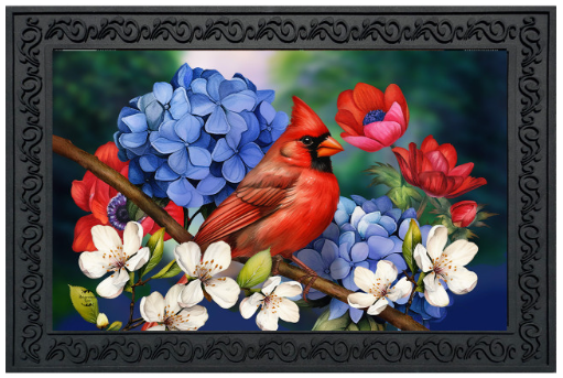 Cardinal bird perched on a branch with blue, red, and white flowers in a decorative frame.