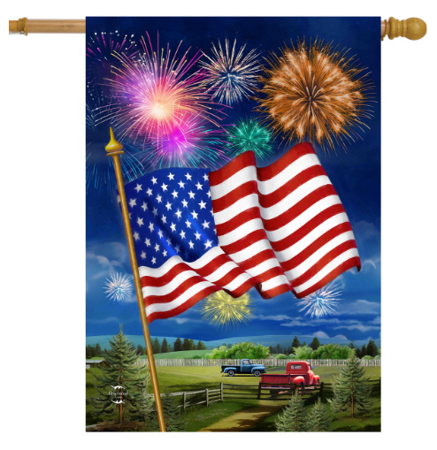 American flag with fireworks and a rural scene on a flag