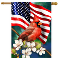 Flag with a red cardinal bird, American flag, and flowers on a white background