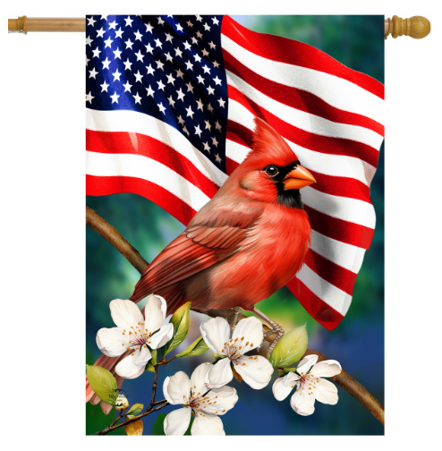 Flag with a red cardinal bird, American flag, and flowers on a white background