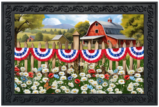 Framed artwork of a rural scene with a red barn, picket fence, and colorful flowers.
