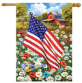 American flag in a field of flowers with a barn and horse in the background