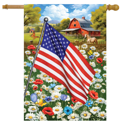 American flag in a field of flowers with a barn and horse in the background