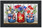Decorative mat with jars of flowers, American flags, and bows on a wooden surface.
