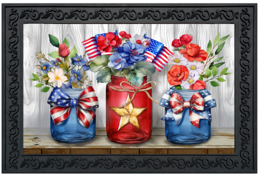 Decorative mat with jars of flowers, American flags, and bows on a wooden surface.