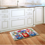 Decorative rug with floral and flag design on a wooden floor in a kitchen.
