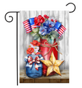 Decorative flag with red and blue mason jars, flowers, and American flags on a wooden background.