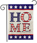 Decorative garden flag with 'HOME' text in American flag colors on a white background