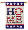 Decorative flag with 'HOME' text in American flag colors on a wooden pole.