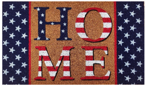 Doormat with 'HOME' text in American flag colors on a star-patterned background