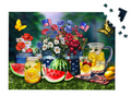 Summer-themed puzzle with flowers, watermelon, lemonade, and American flags on a grassy background.