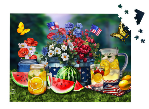 Summer-themed puzzle with flowers, watermelon, lemonade, and American flags on a grassy background.
