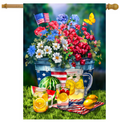 Decorative flag with flowers, watermelon, lemonade, and American flags on a green background.