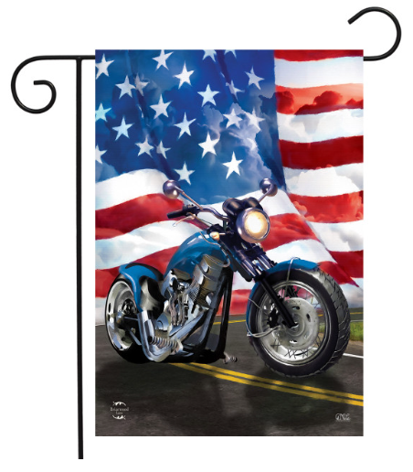 Motorcycle garden flag with American flag background