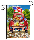 Decorative flag with a red truck, American flags, and summer elements on a white background.