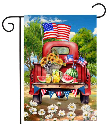 Decorative flag with a red truck, American flags, and summer elements on a white background.