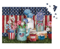 Jigsaw puzzle with a patriotic theme featuring flowers and a teapot against an American flag background.